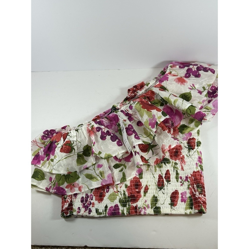 NWT Abercrombie & Fitch Asymmetrical Top M Floral Ruffle Red Summer Concert